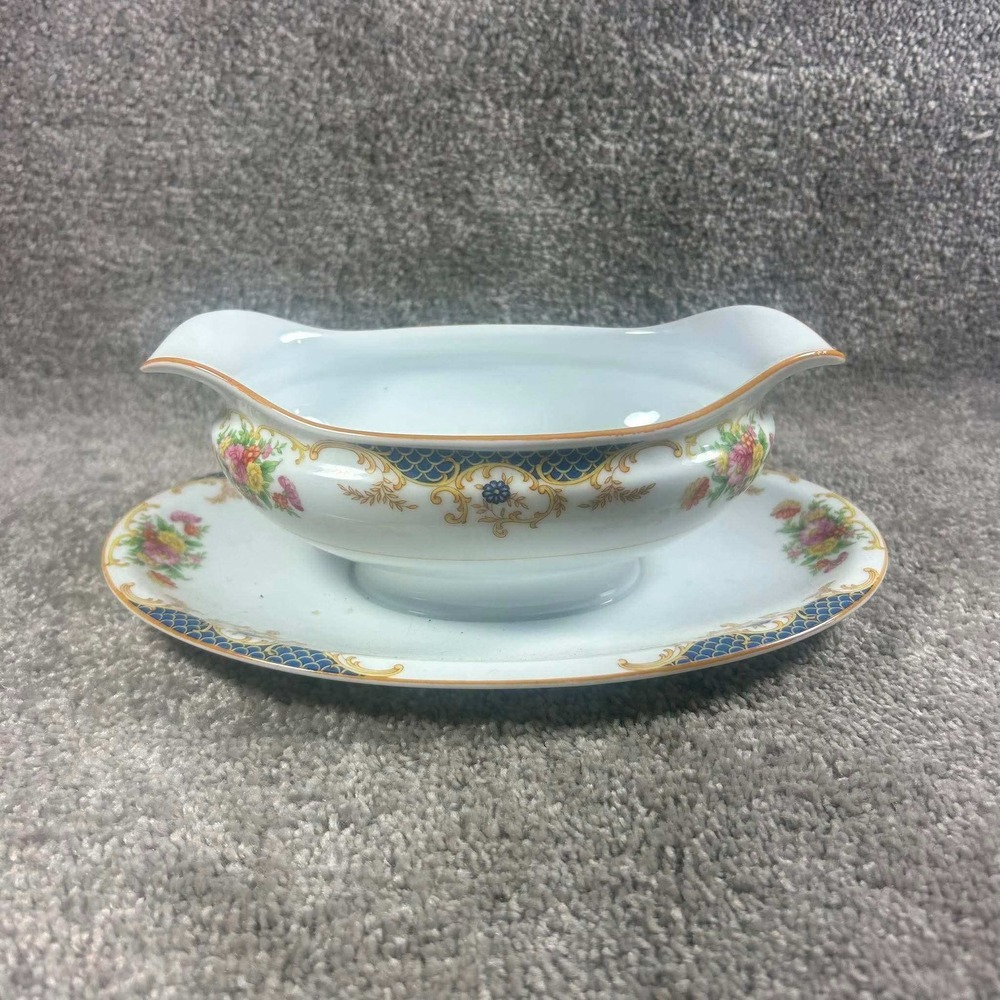 Imperial China Gravy Boat Blue Scale Floral Gold Trim Japan Vintage Porcelain